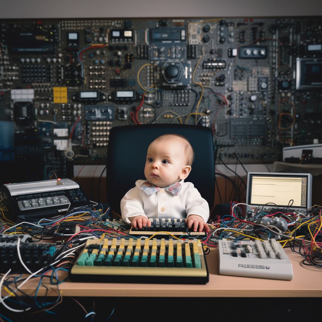 Adorable baby typing code in business attire