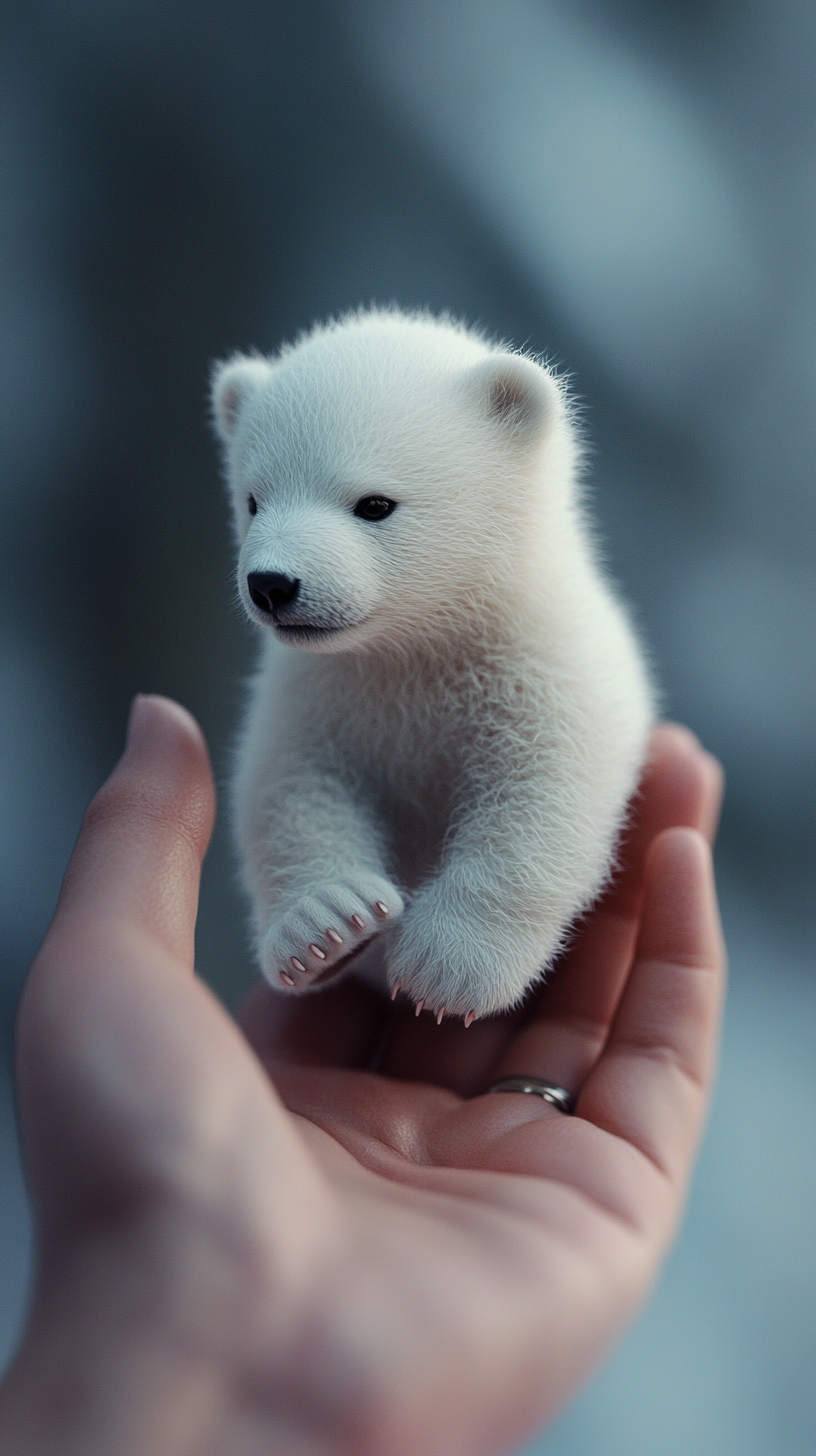 adorable baby polar bear cub in human hand portrait