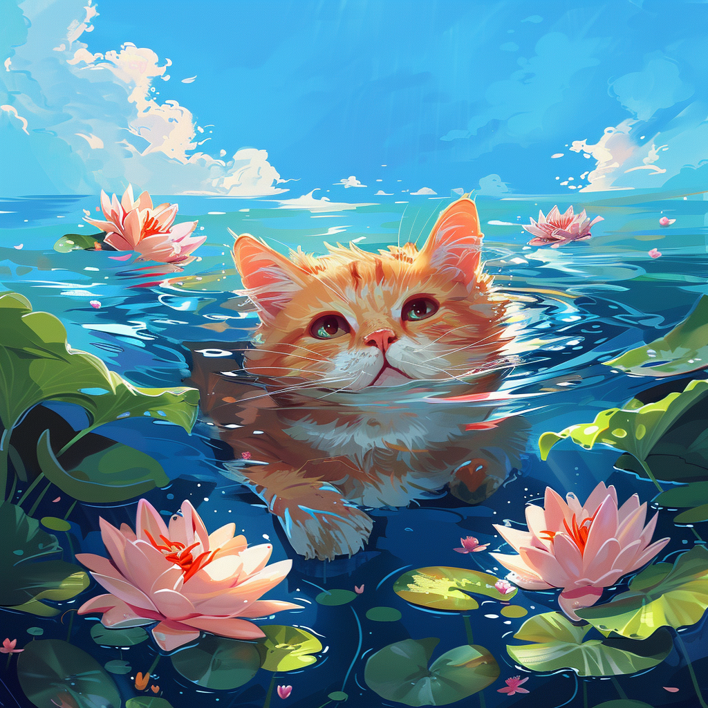 Adorable cat swimming in pond