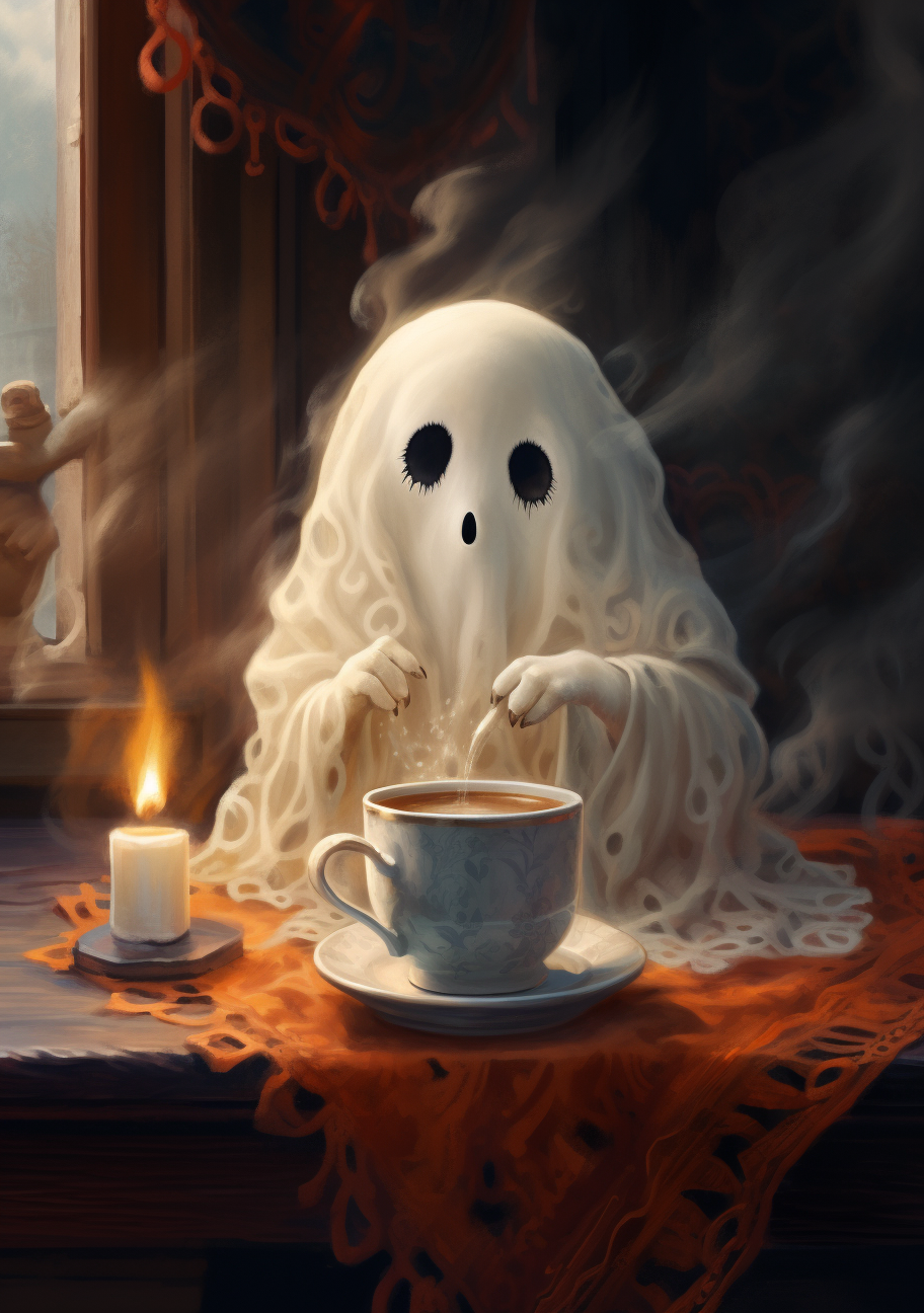 Adorable ghost enjoying a cup of coffee