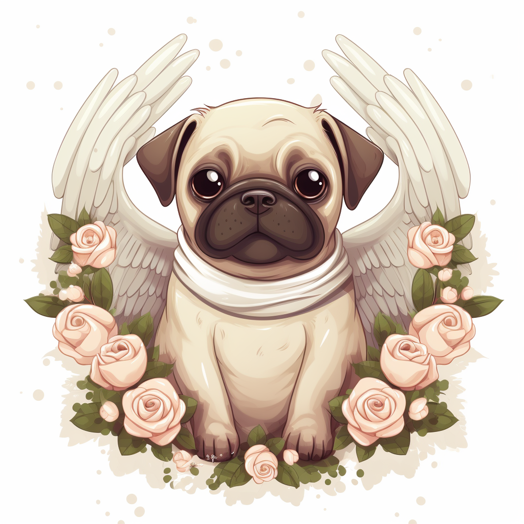 Cute pug dog with wings and flowers