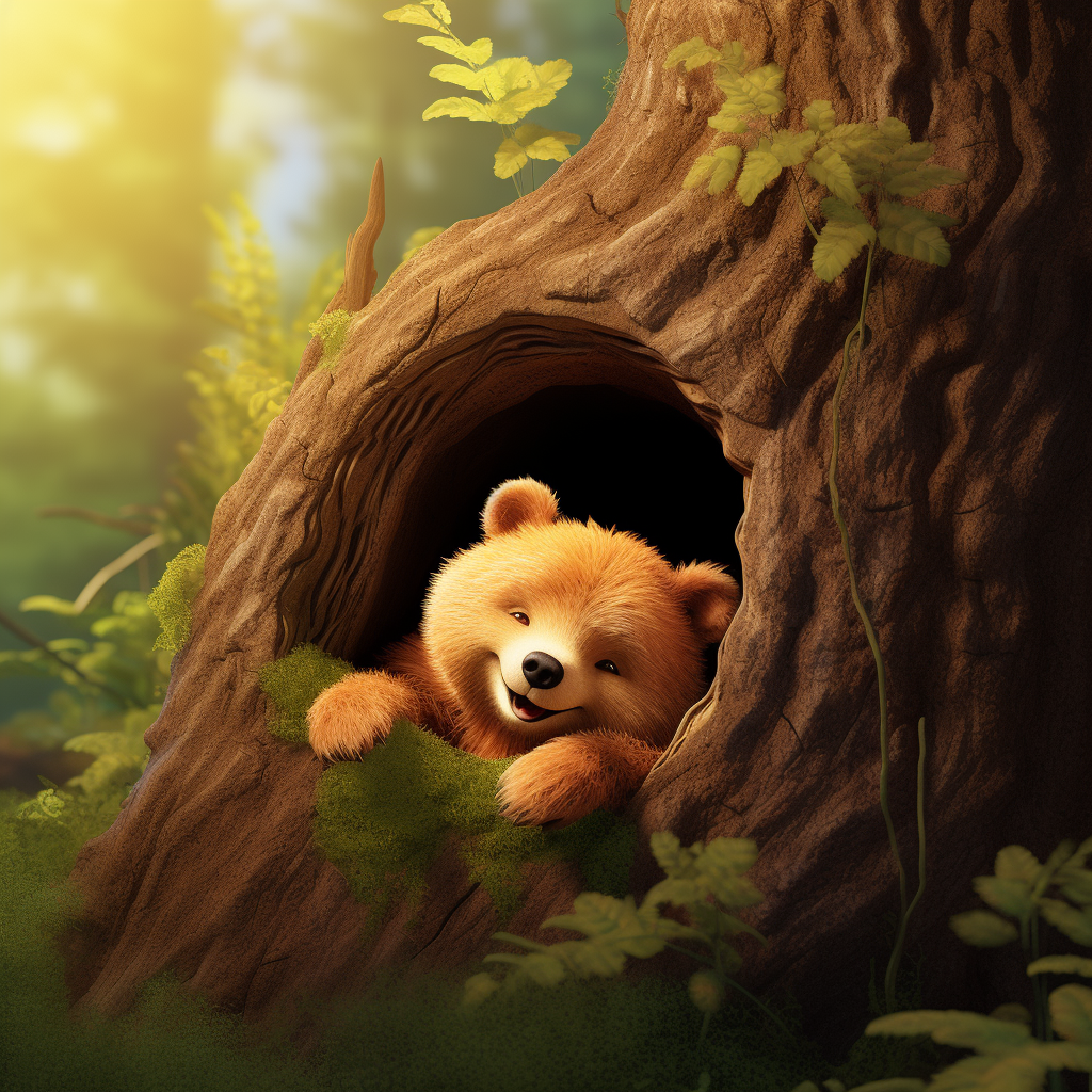 Sweetly sleeping orange animated bear in a tree hole