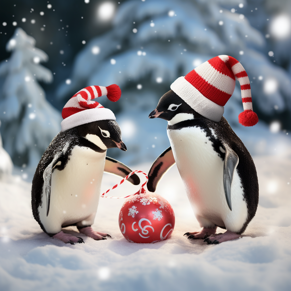 Cute penguins in Santa hats playing in the snow