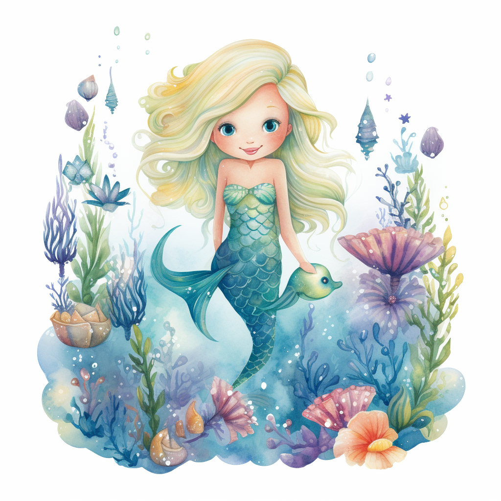 Adorable plump blonde child mermaid in watercolor style