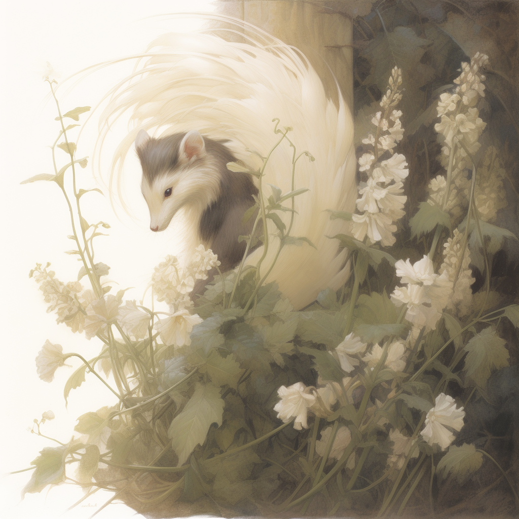 cute skunk holding flower in nature