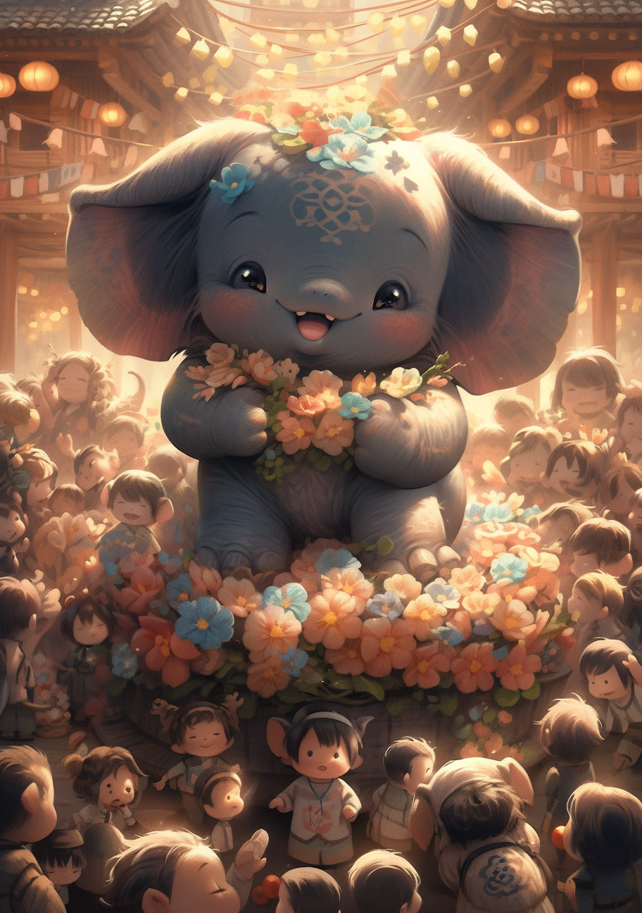 Adorable small elephant character in a crowded scene.