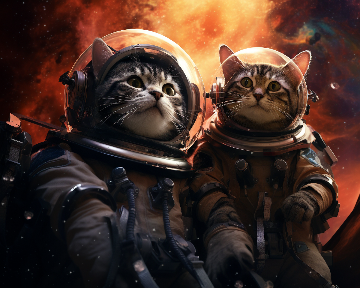 Two cute cats in spacesuits among the stars