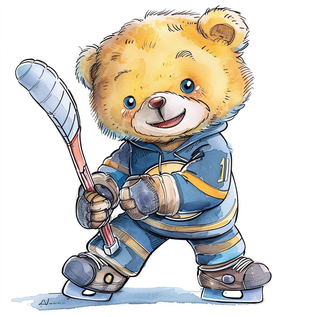 Smiling baby teddy bear playing ice hockey