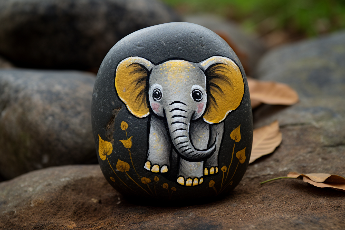 Adorable young elephant rock painting artwork