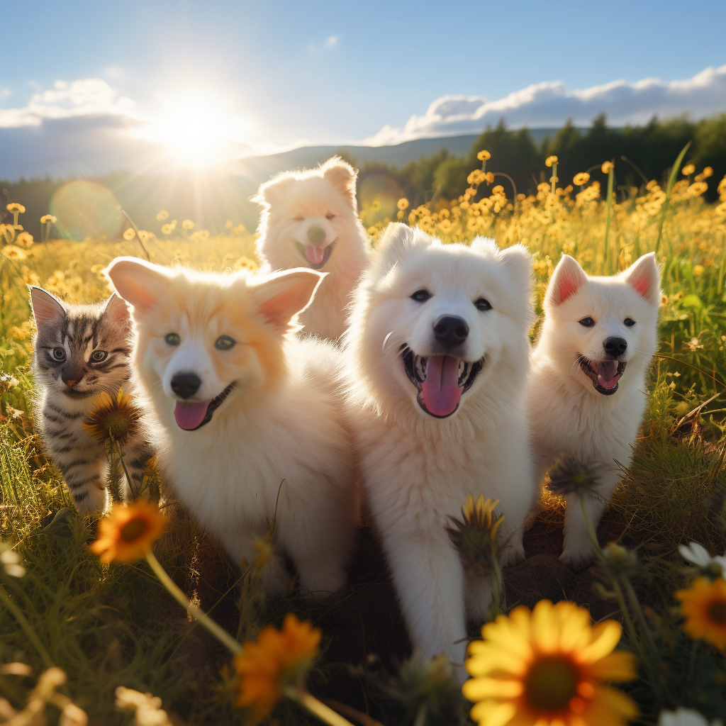 Cute animals playing in meadow