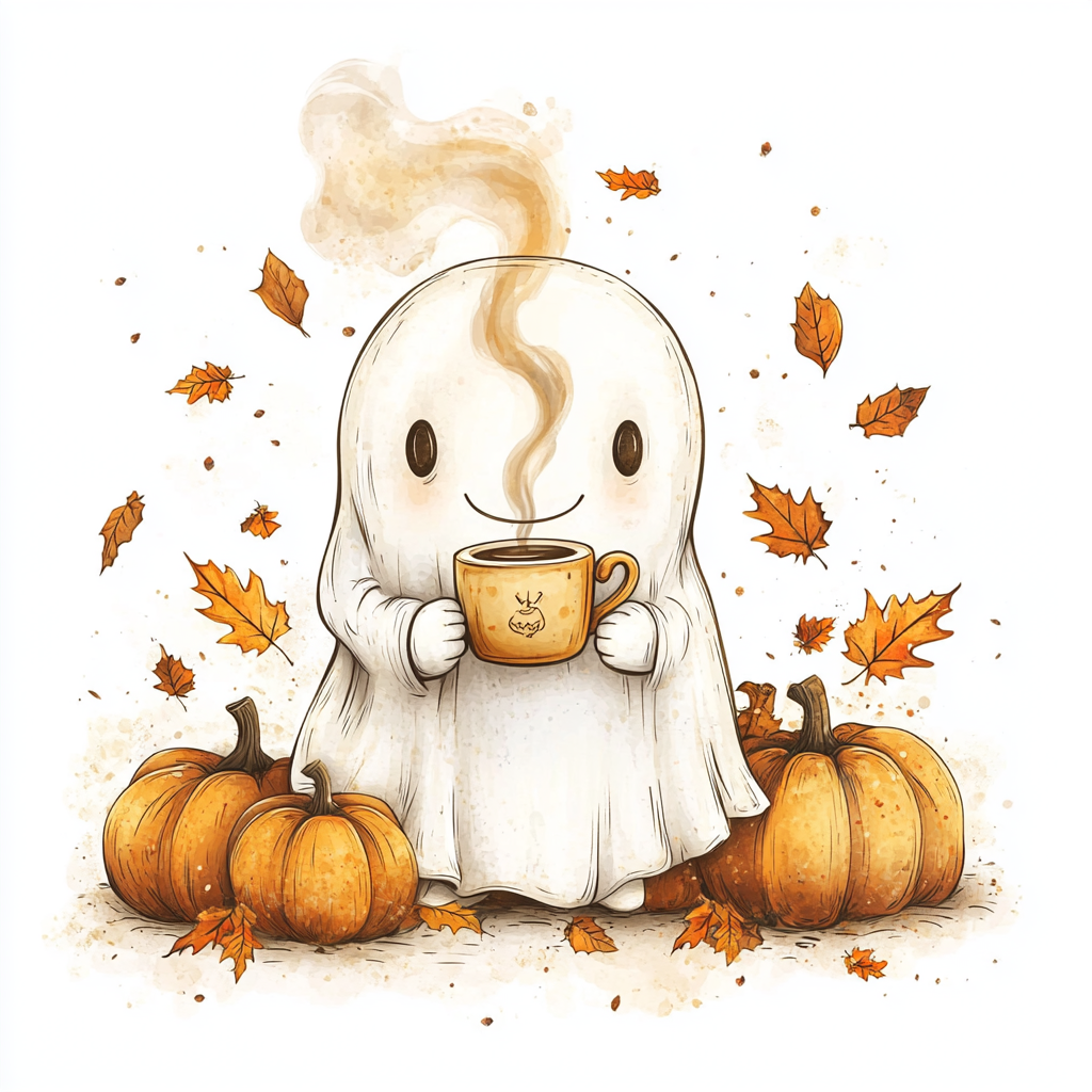 Adorable Ghost with Coffee and Pumpkins