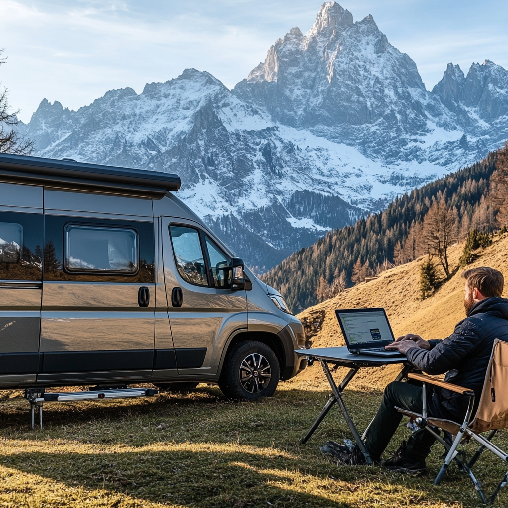 Man Working on Laptop Outdoors