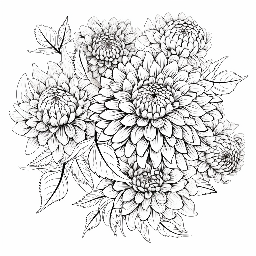 Adult Coloring Page of Globe Dahlias Botanical Drawings