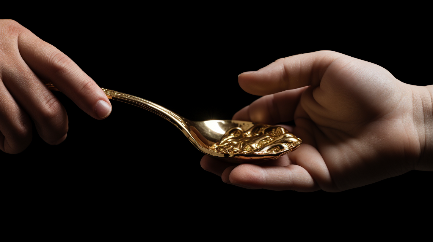 Adult hand giving gold spoon to baby