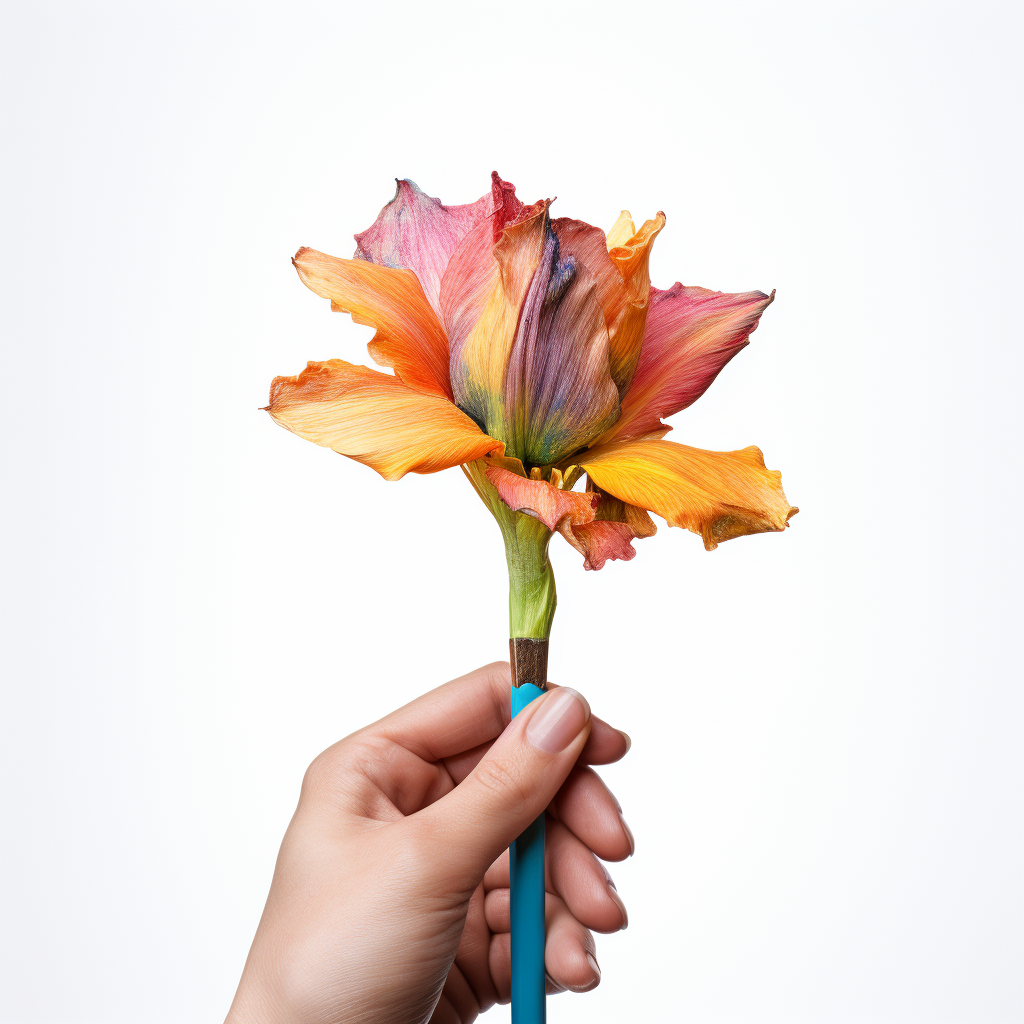 Adult hand holding colorful flower drawing