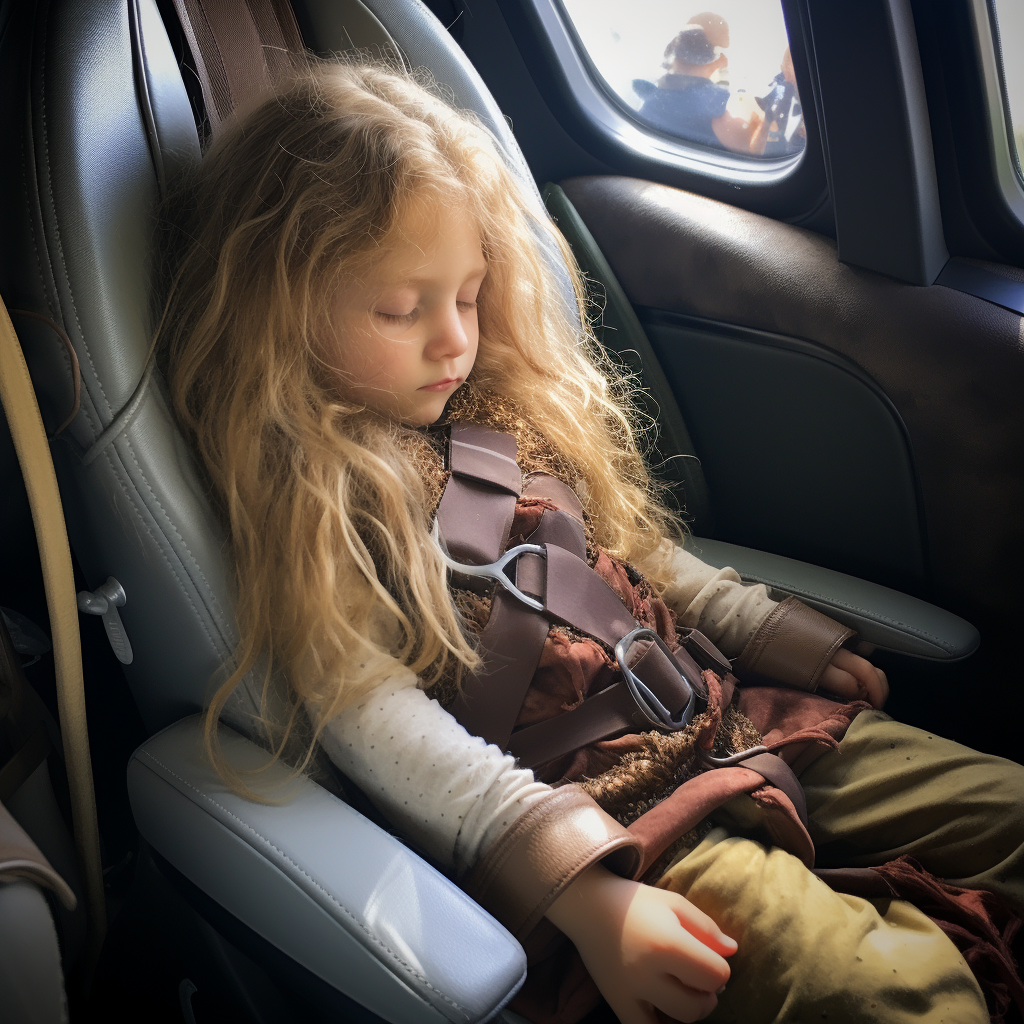 Adult hobbit asleep in car seat