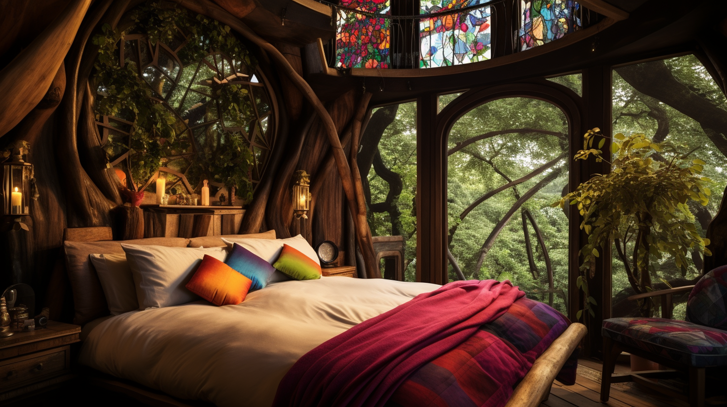 Cozy adult treehouse with king-size bed and colorful pillows