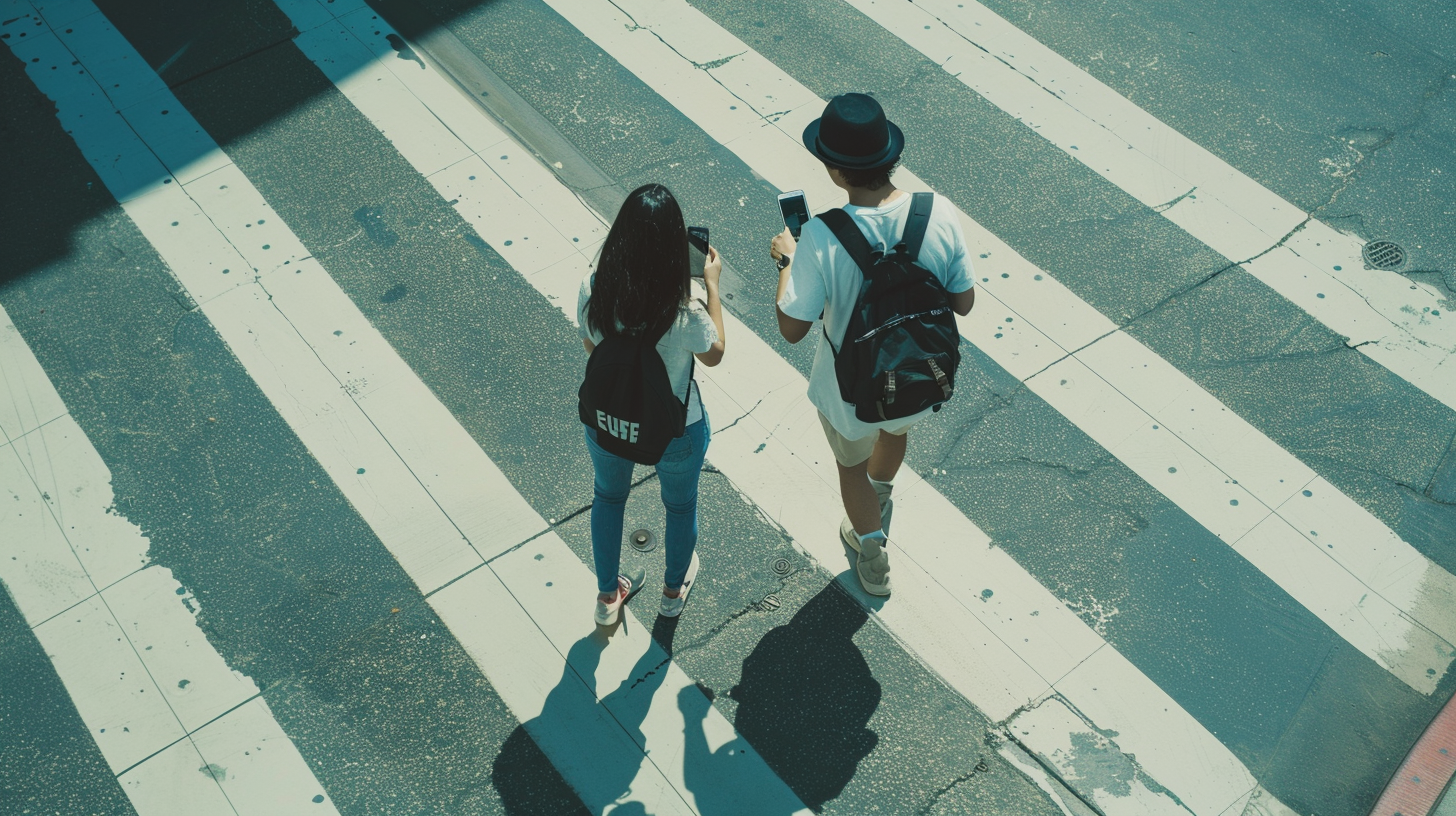 Two adults using phone outdoors