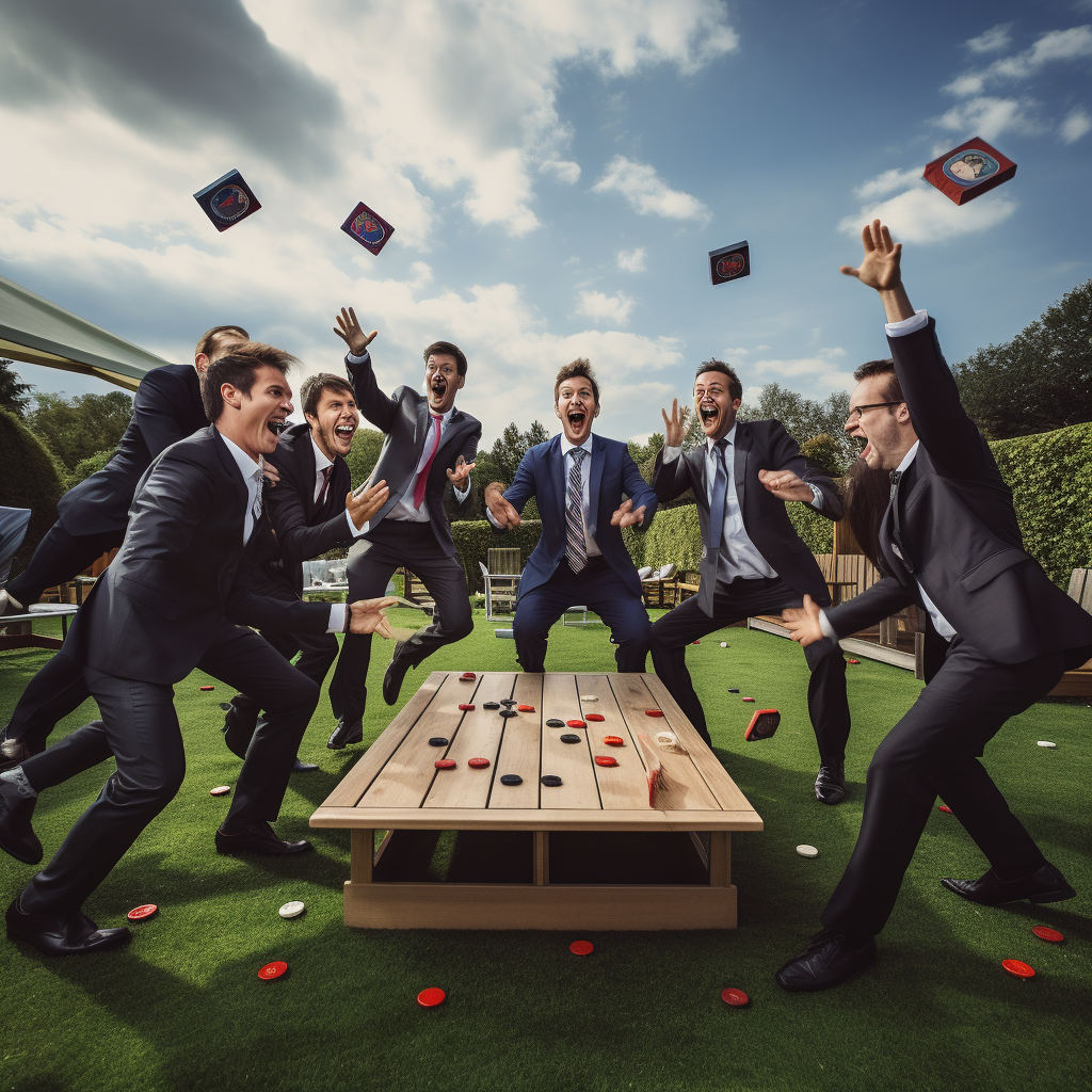 Adults playing childhood game in business suits