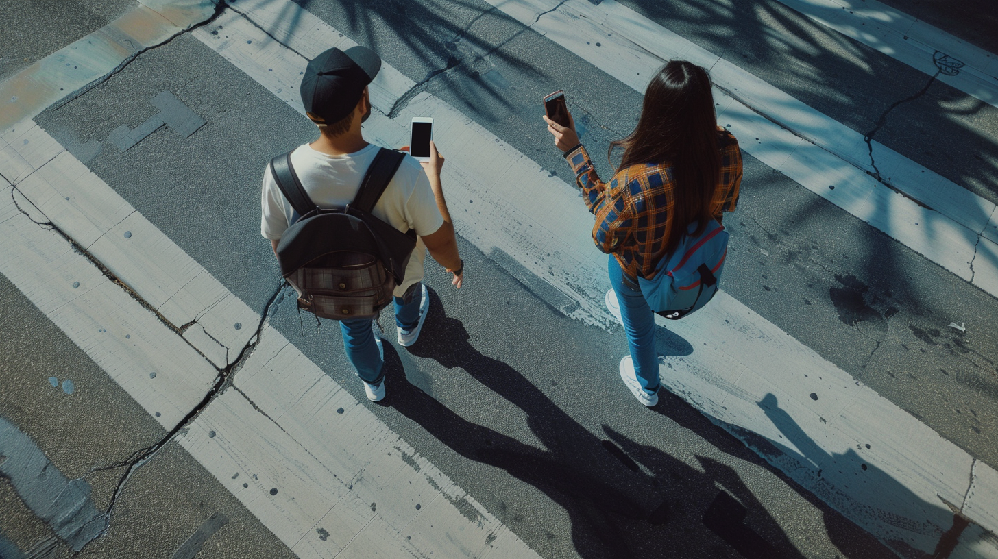 Two Adults Using Phone Outdoors