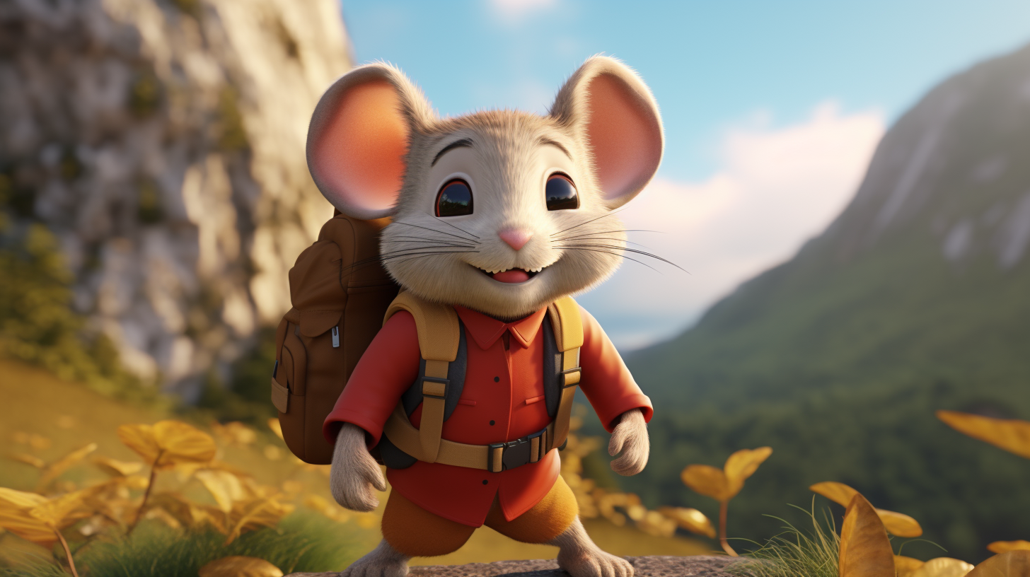 Adventurous mouse with red shirt and brown backpack