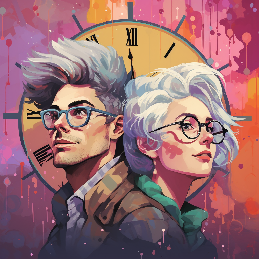 Colorful adventure couple with quirky clocks