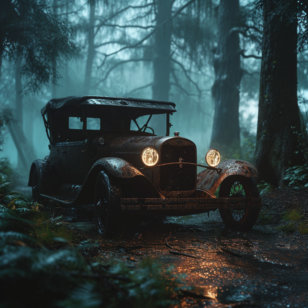 Tuning car in forest during rain