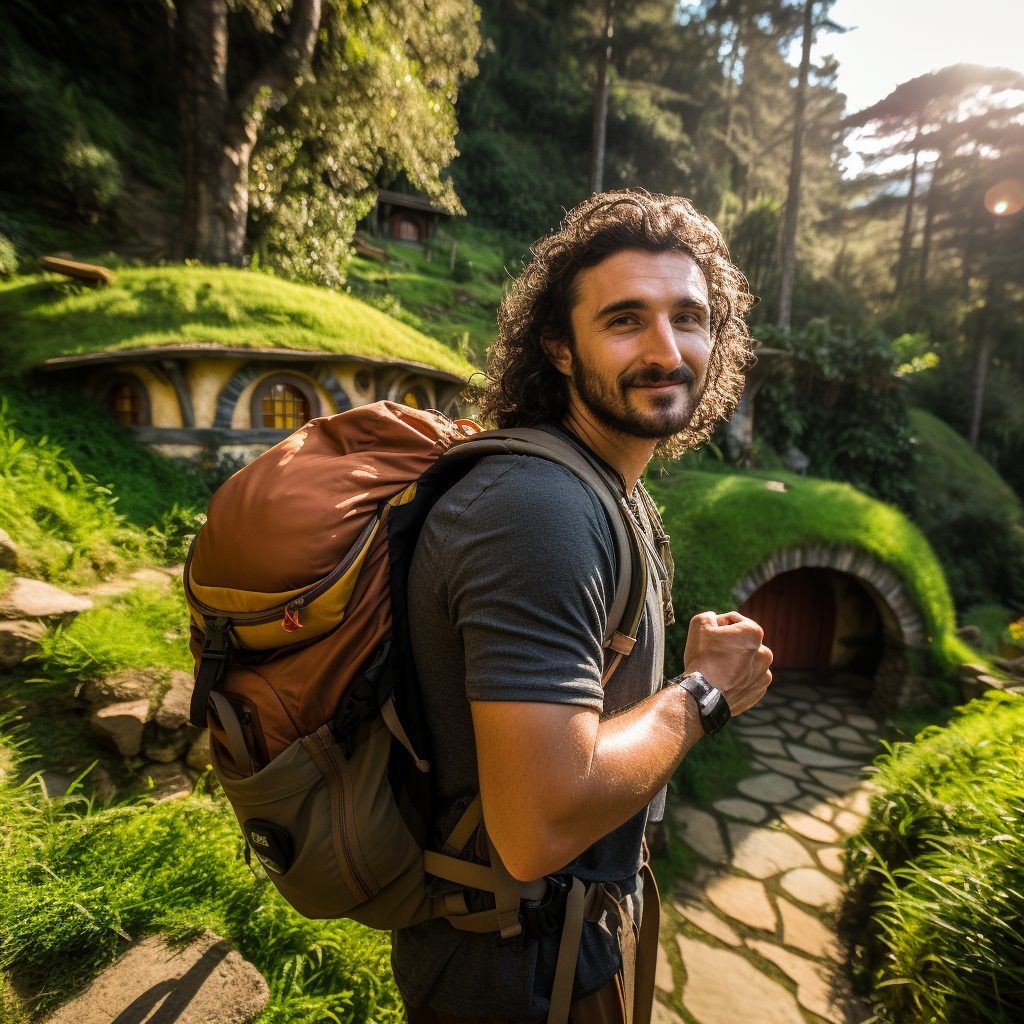 Male Hobbit ready for adventure in Hobbiton