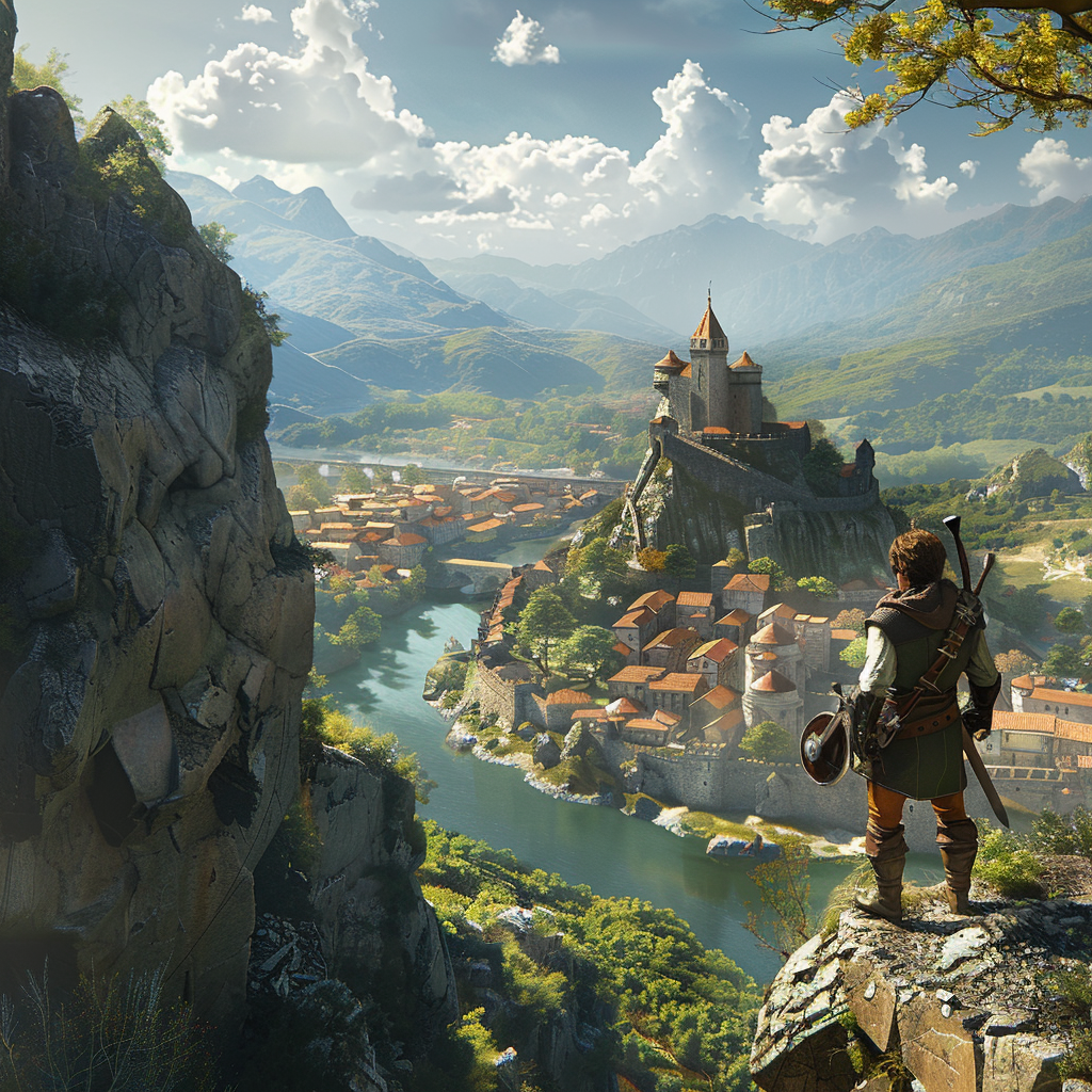 Adventurer on cliff overlooking castle