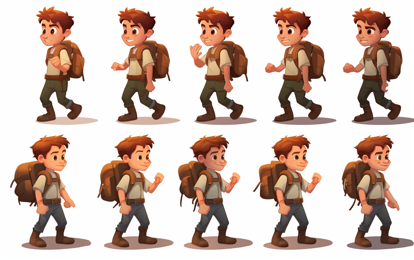 Cartoon-style young adventurer walk sprite sheet