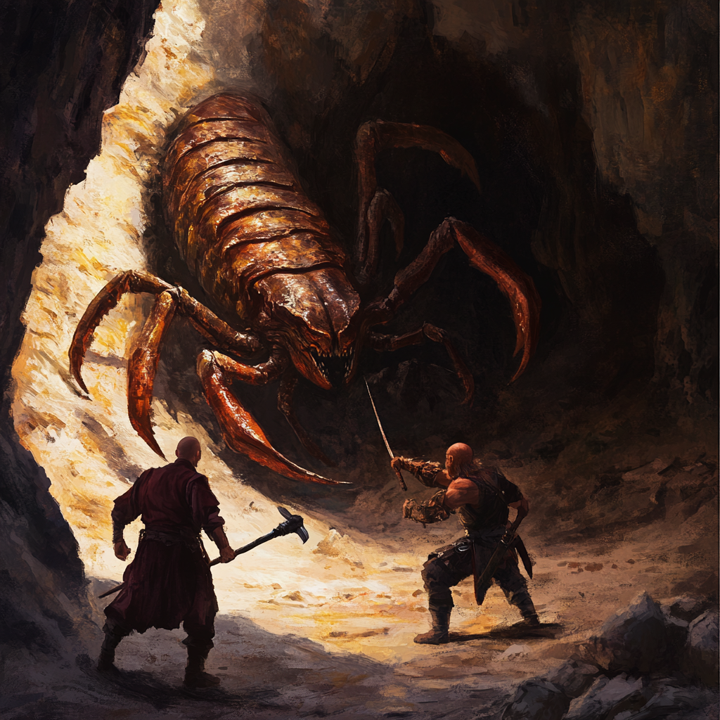 Adventurers battling scorpion in dark cave