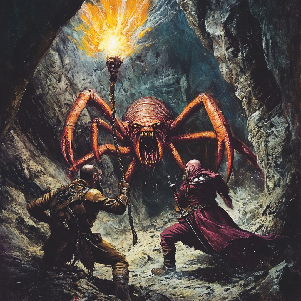 Two adventurers battle giant scorpion