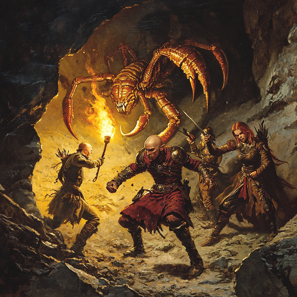 Group of adventurers fighting giant scorpion