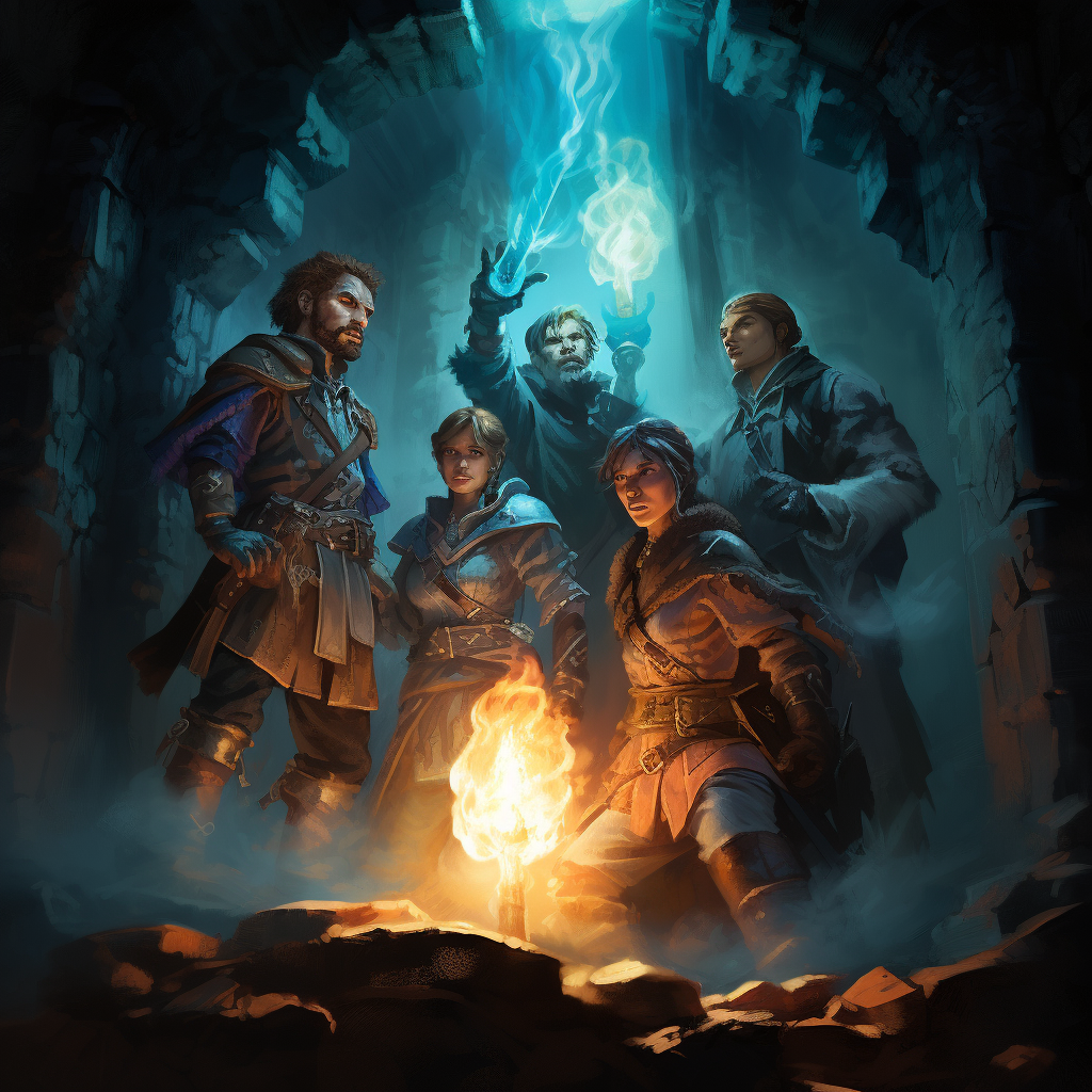 Adventurers opening a crumbling tomb in a dungeon