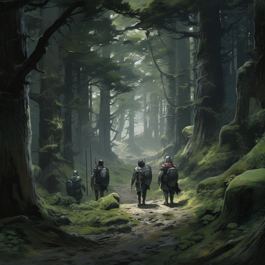 Adventuring group in a serene deep forest