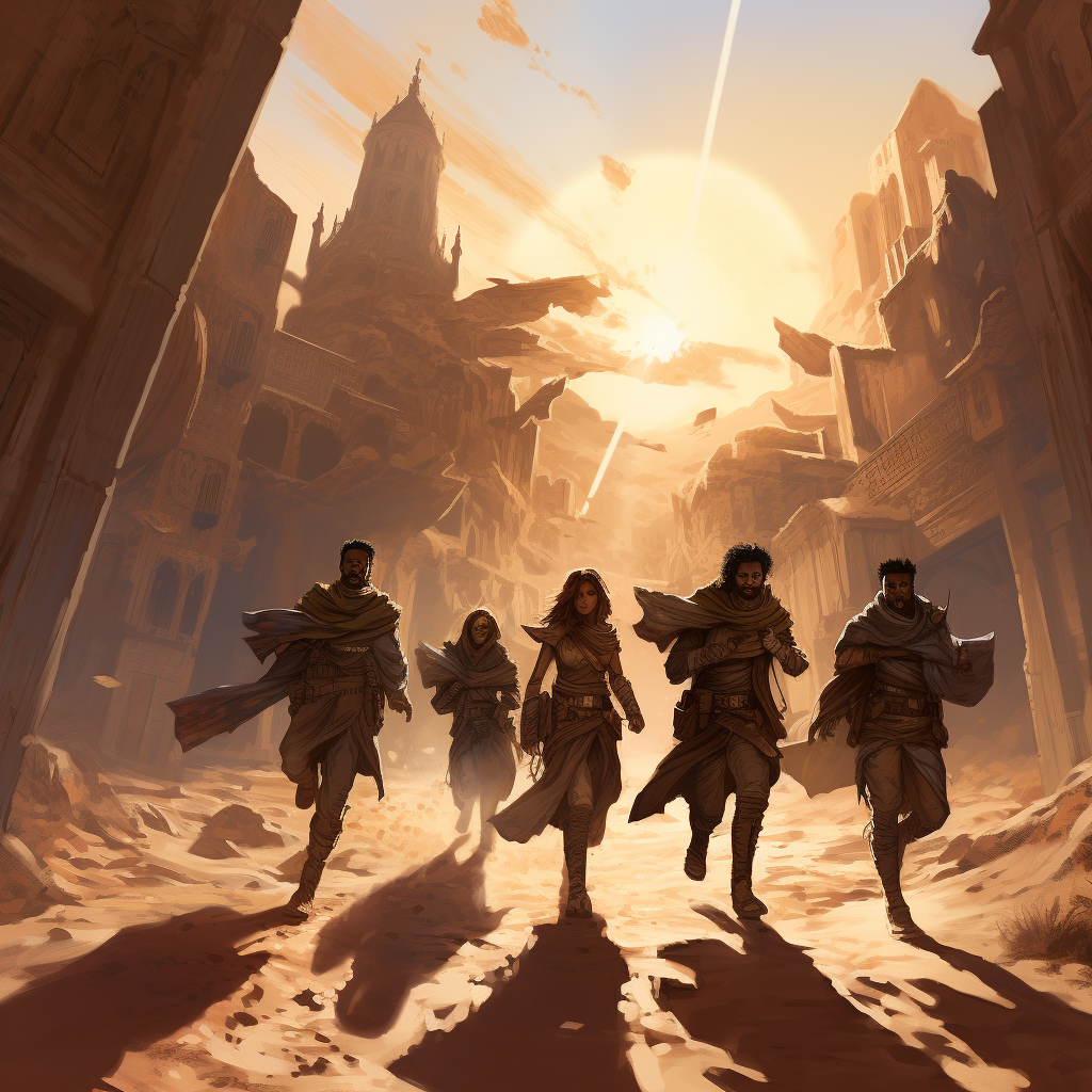 Adventuring party fleeing through desert ruins