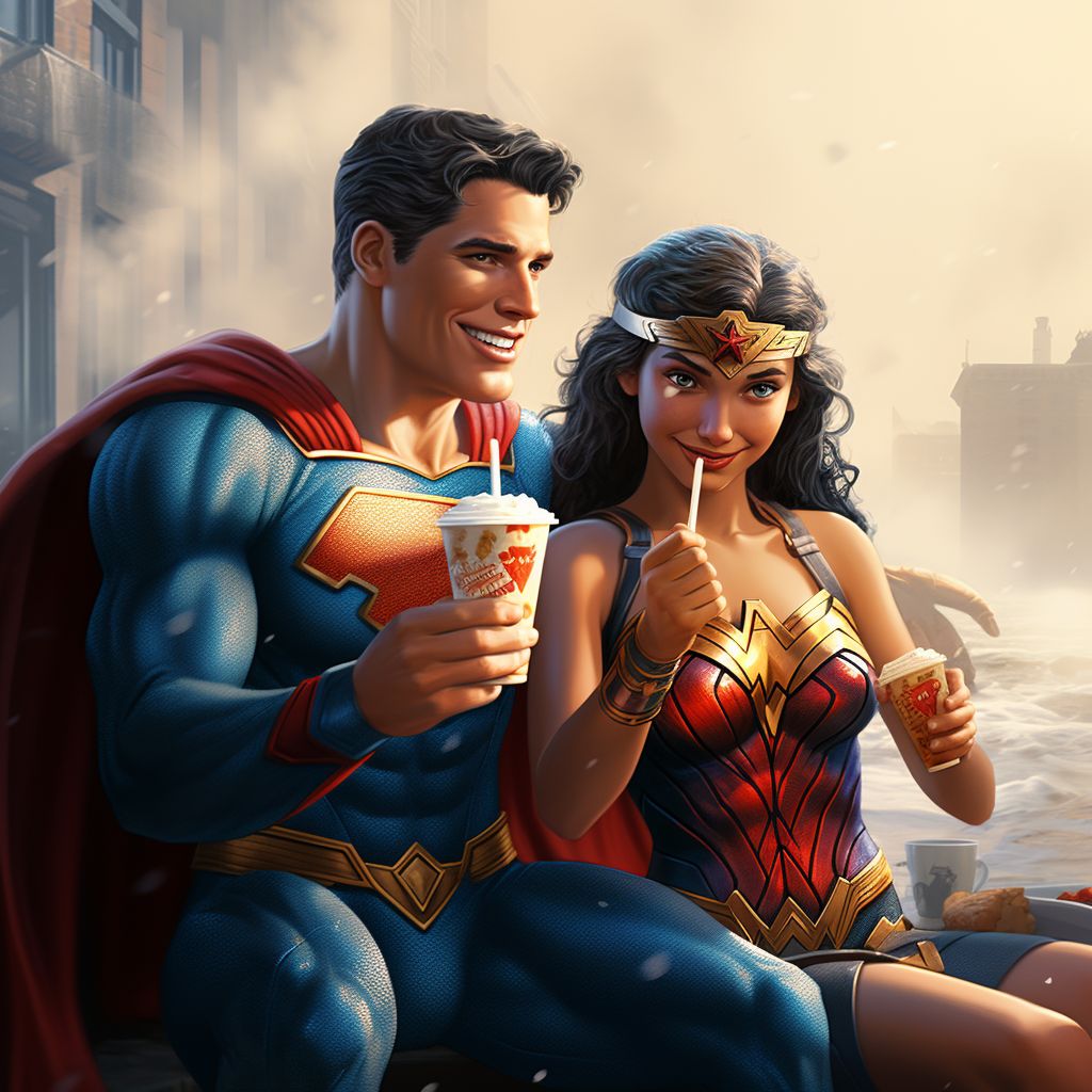 10-year-old Wonder Woman and 25-year-old Superman eating ice cream