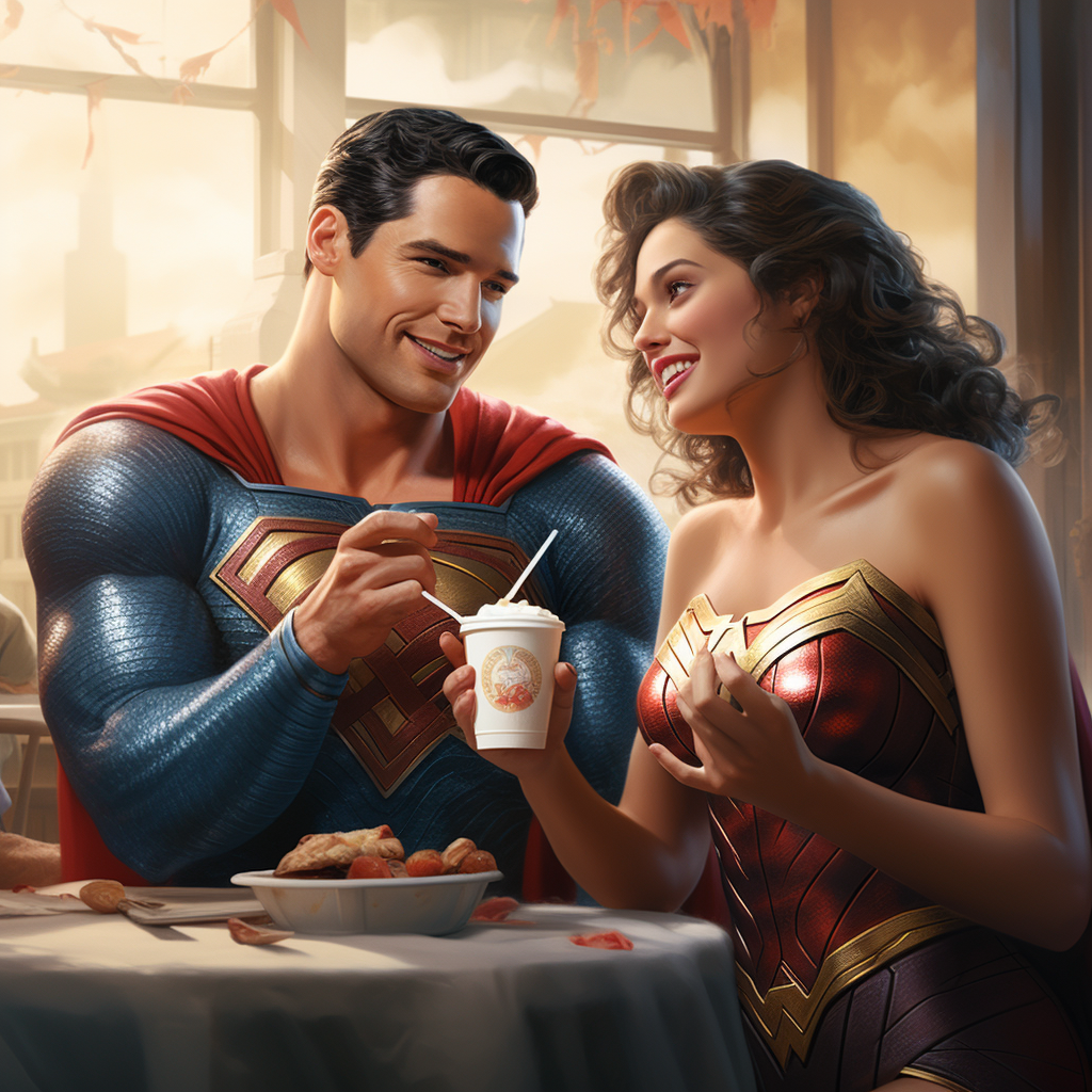 Young Wonder Woman and Superman enjoying Ice Cream