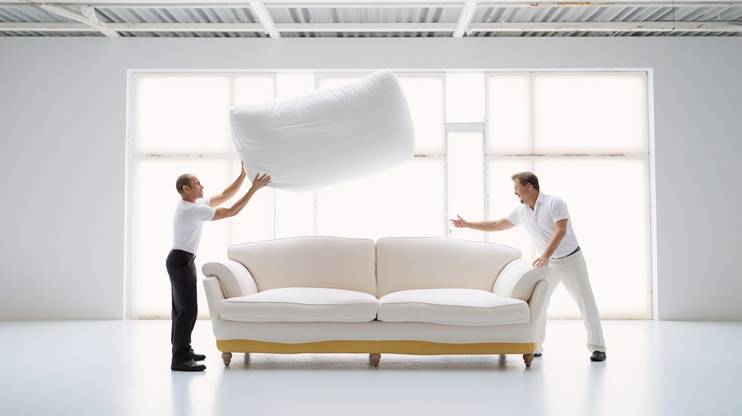 Two men carrying upholstered furniture