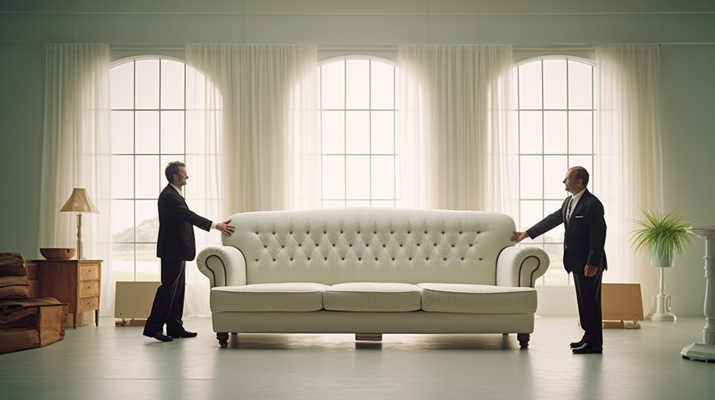 Two Men Carrying Upholstered Furniture in a Bright Room