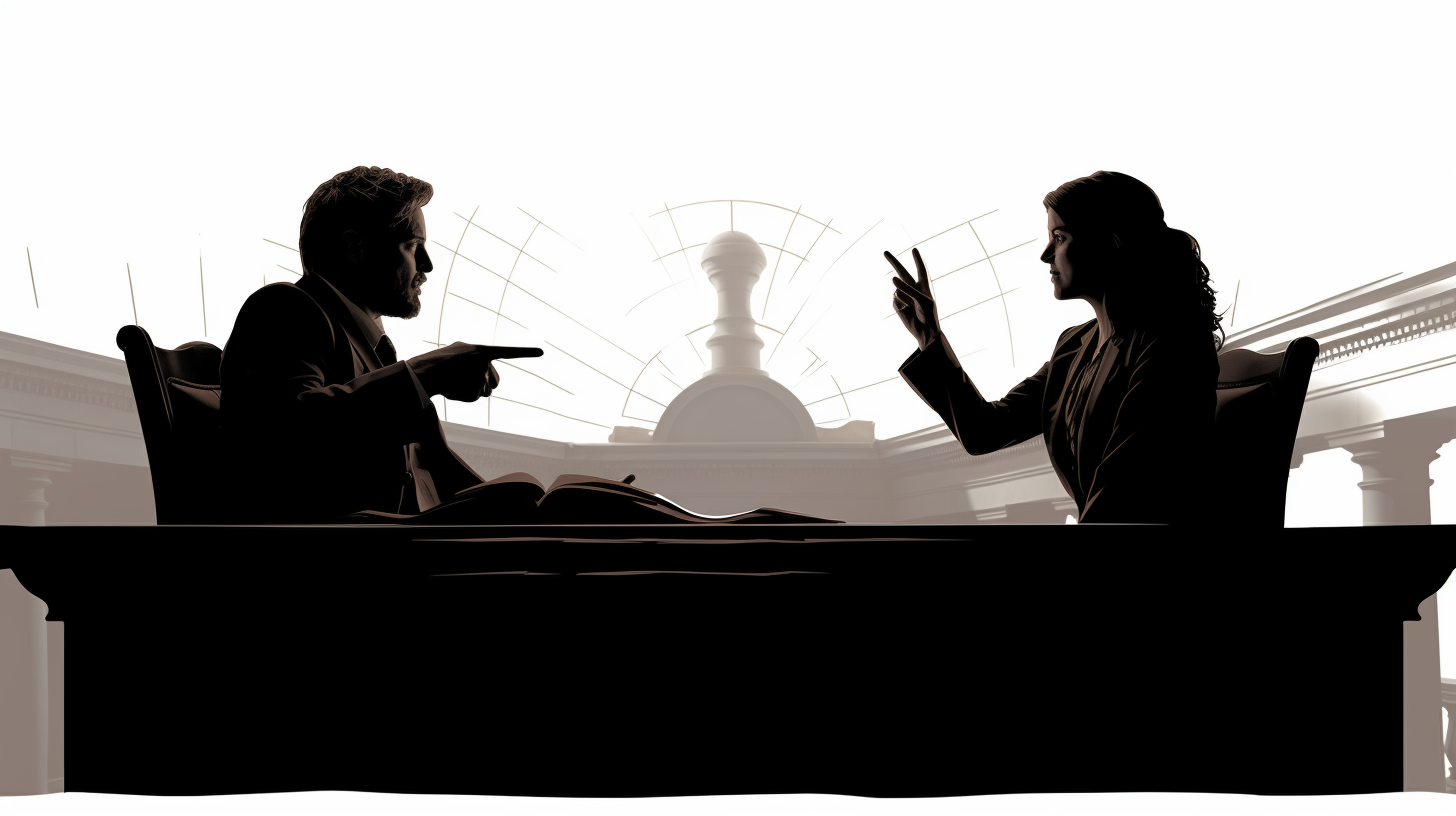 Silhouette of two advocates arguing in court