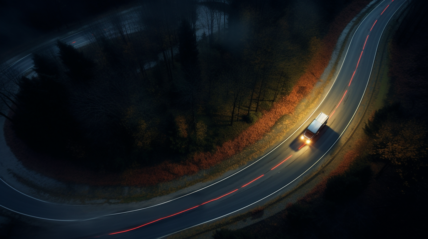 Freightliner Truck on Wet Highway at Dusk