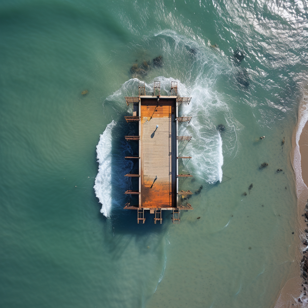 Aerial view of ocean, beach, and pier with swimming cage