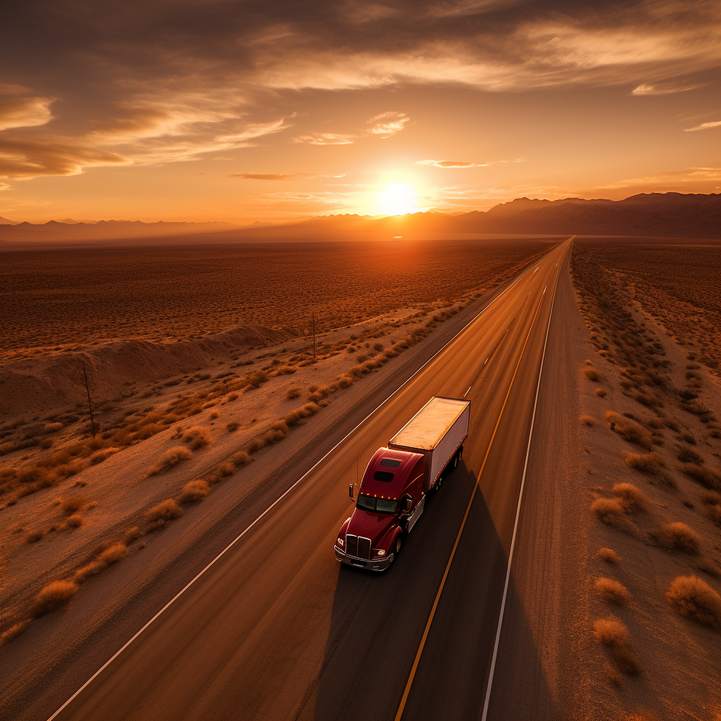 Aerial truck driving in California desert sunset