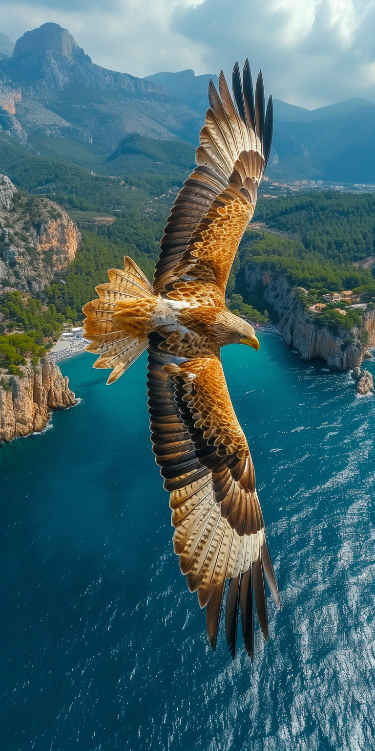 Eagle flying over mountains and sea