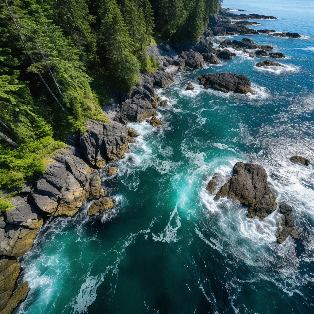 Aerial view of ocean, forest, and black boulders