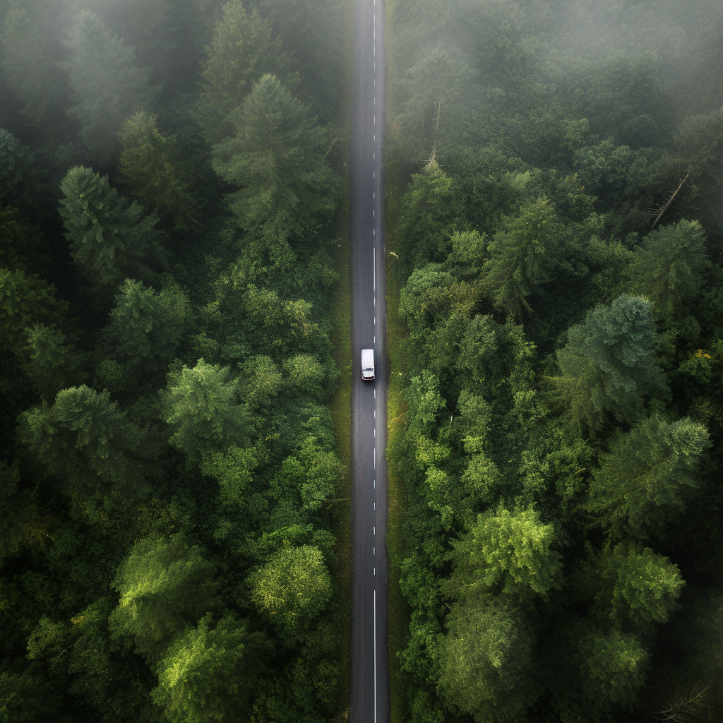 Aerial view of truck in forest