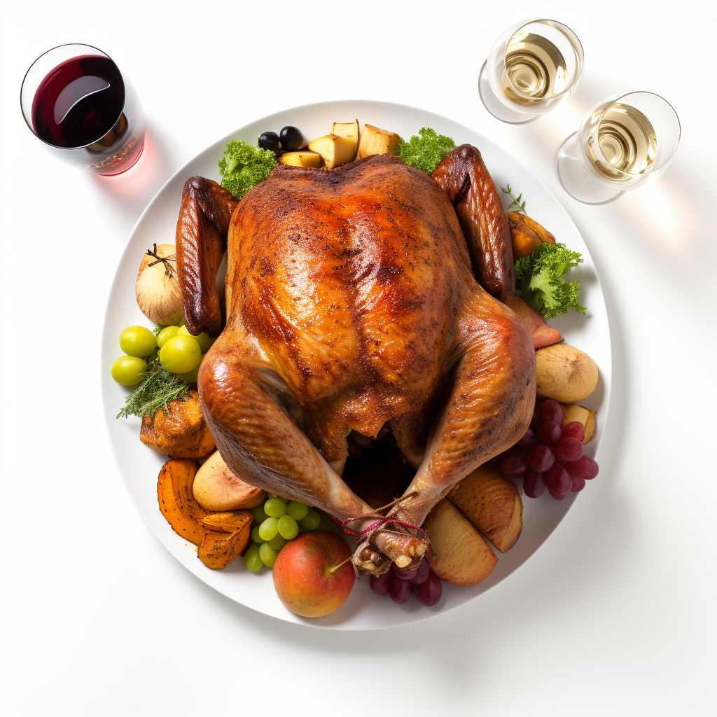 Aerial turkey dinner on white background