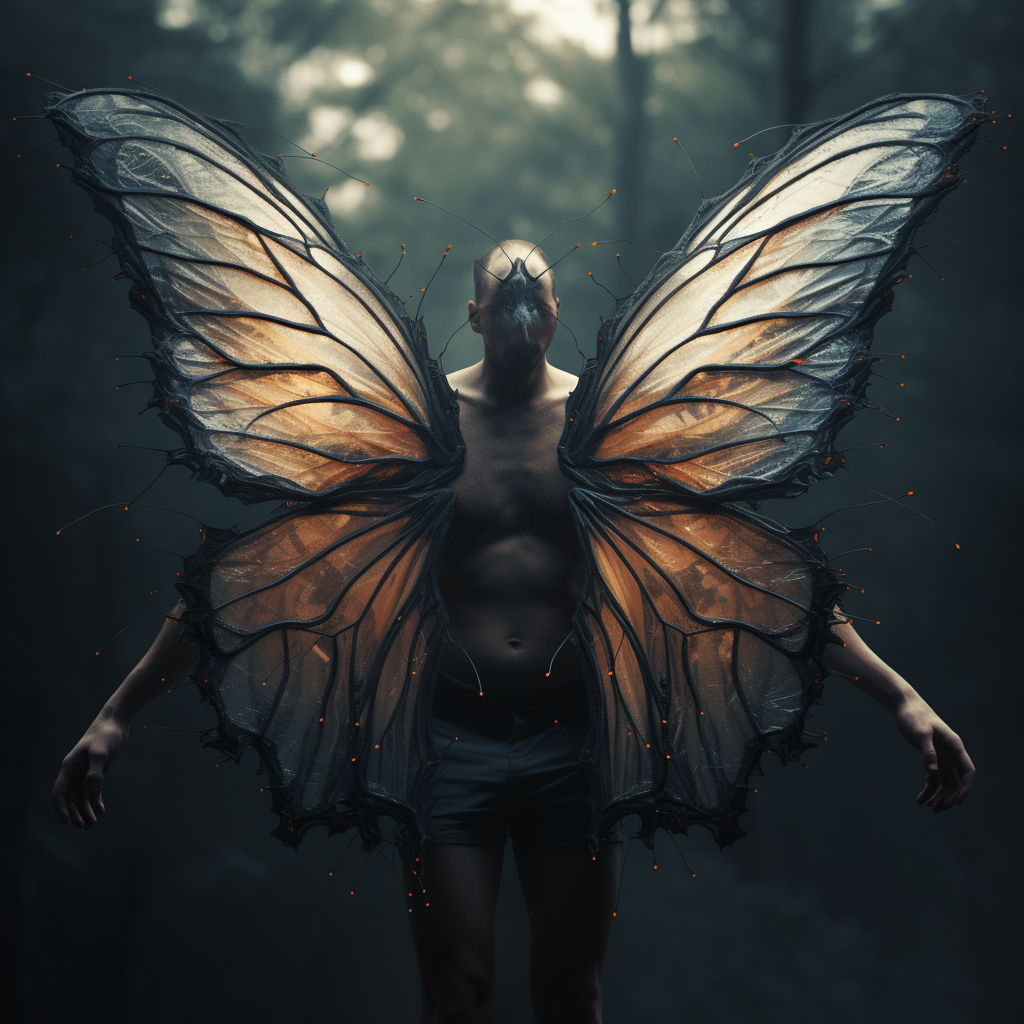 Human spirit wearing butterfly wings in ultra realism