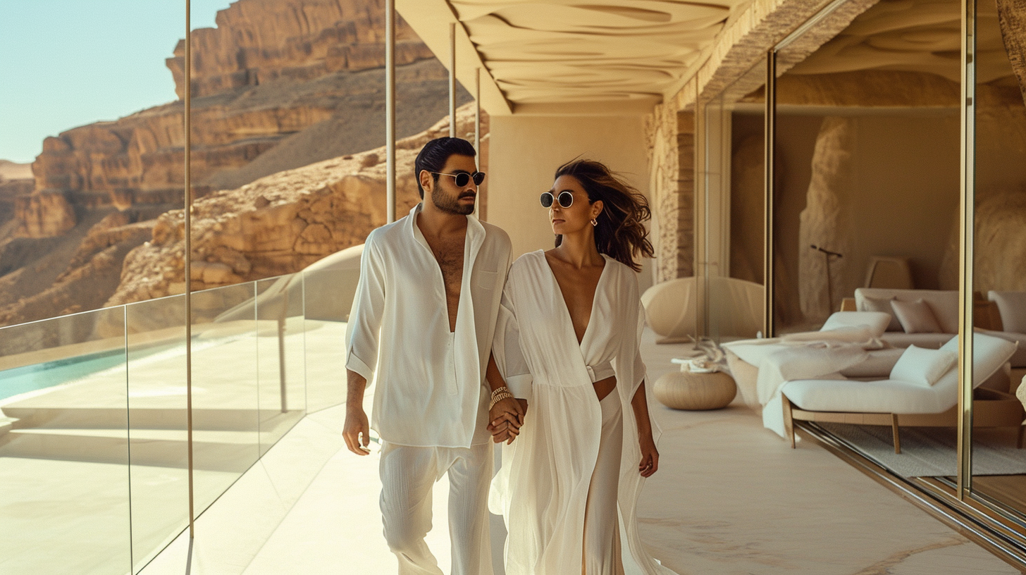 Affluent couple in kaftan and linen shirt